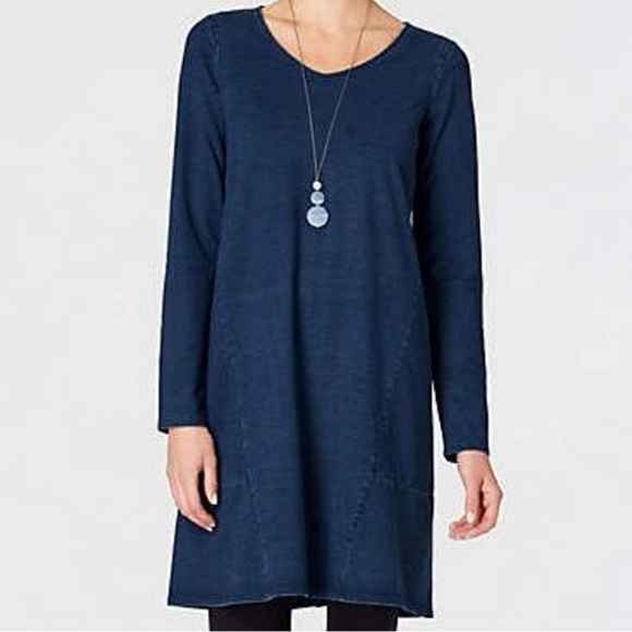 J. JILL Pure Jill Indigo Tunic Dress Trapeze Swing Long Sleeve V Neck Blue Sz S - Picture 10 of 12